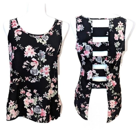 Express	| Open Ladder-Back Panels Floral Sleeveless Top Black | Size Small - Picture 1 of 10